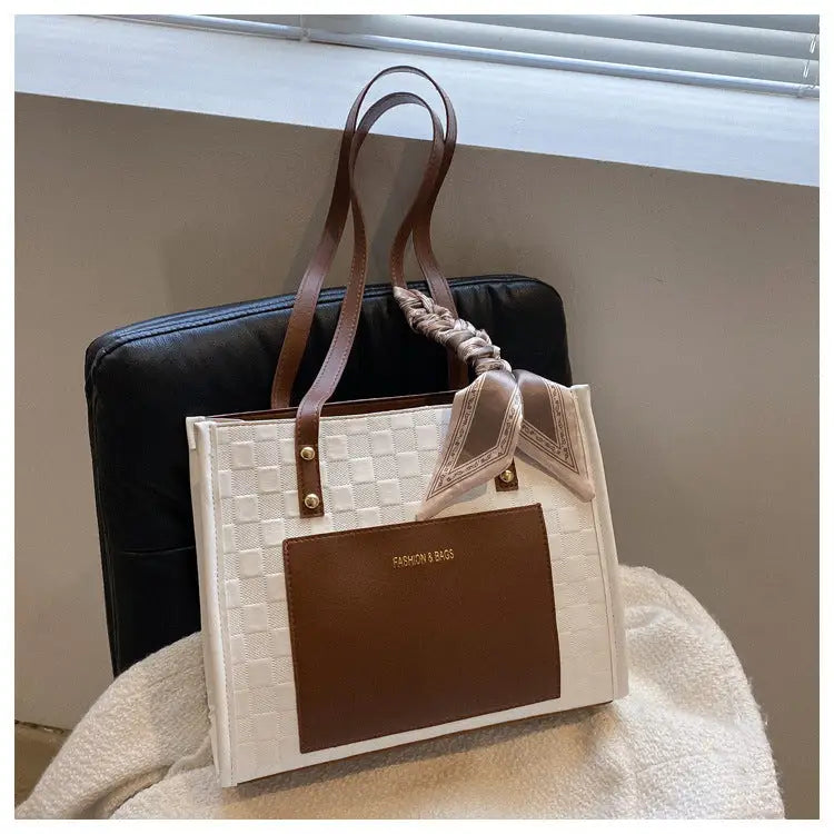 Stitching Soft PU Bucket Bag with Sandwich Pocket and Mobile Phone Compartment - Brown