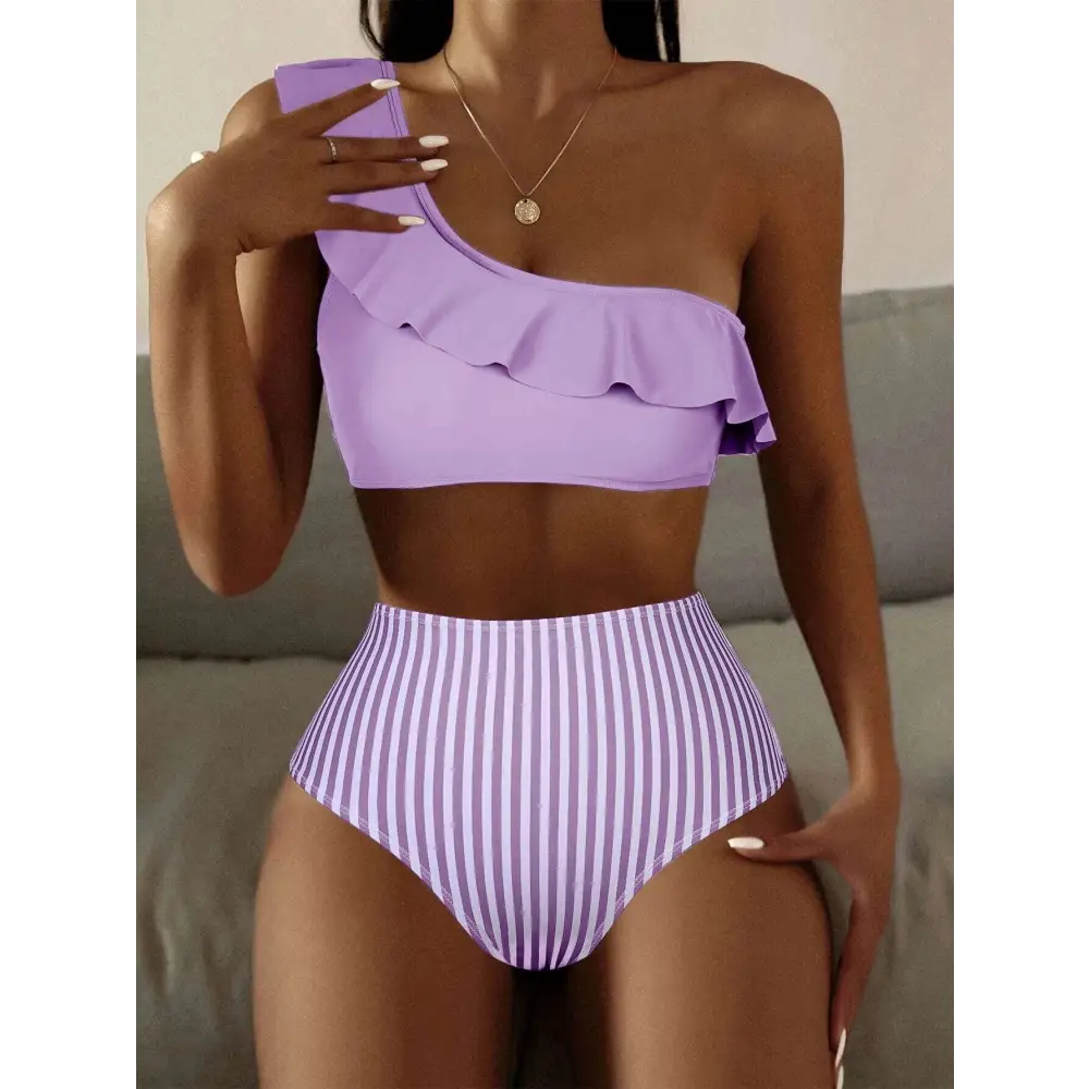 Striped Solid Color Split Bikini Women’s Swimsuit - Light Purple / S