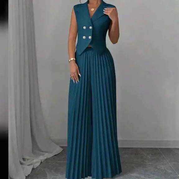 Teal pleated pantsuit.