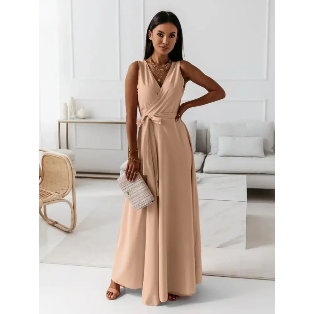 Summer Chic V-Neck Maxi Dress - Khaki / S