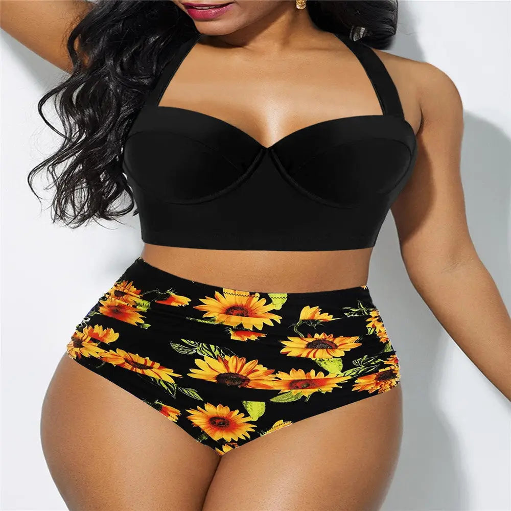 Sunflower print bikini set - Black / M