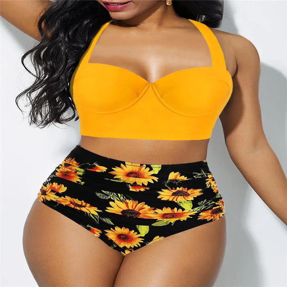 Sunflower print bikini set - Yellow / 3XL