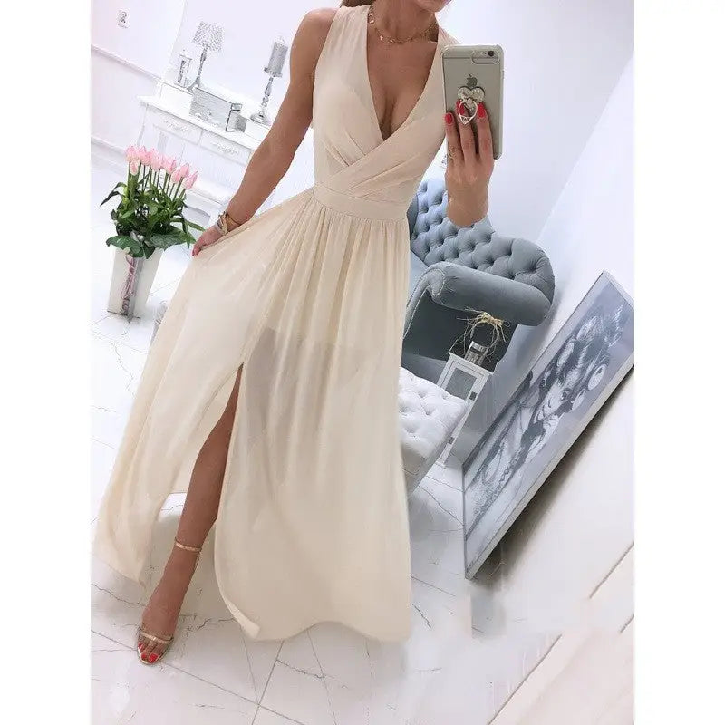 Sunny Breeze: V-Neck Sleeveless Maxi Dress - Apricot / S