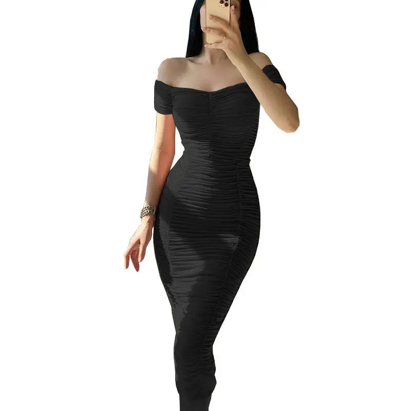 Sunny Chic: Off-Shoulder Pleated Dress - Black / S