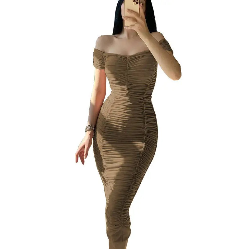 Sunny Chic: Off-Shoulder Pleated Dress - Khaki / S