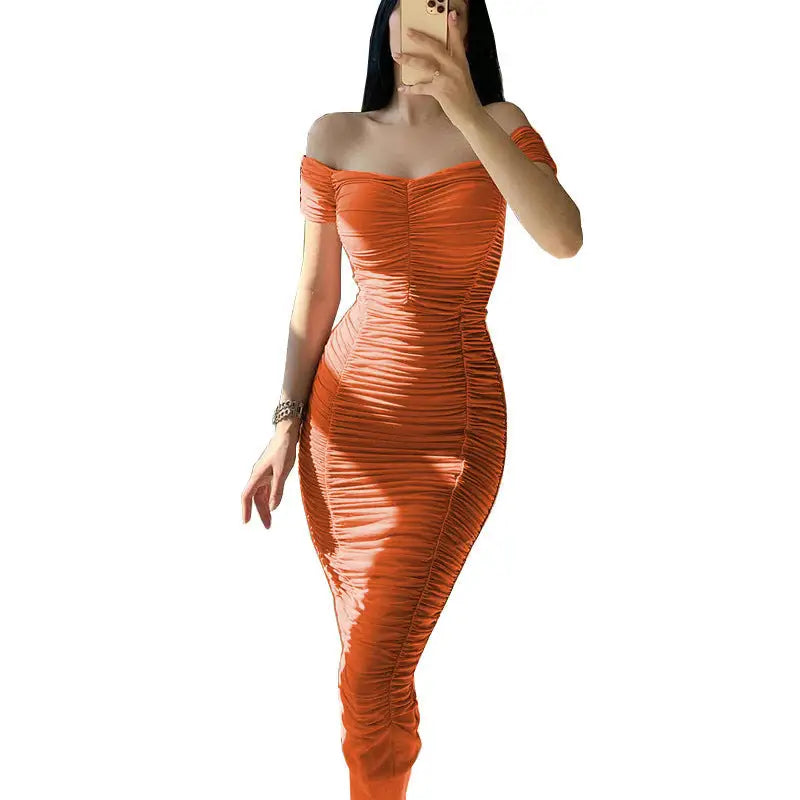 Sunny Chic: Off-Shoulder Pleated Dress - Orange / S