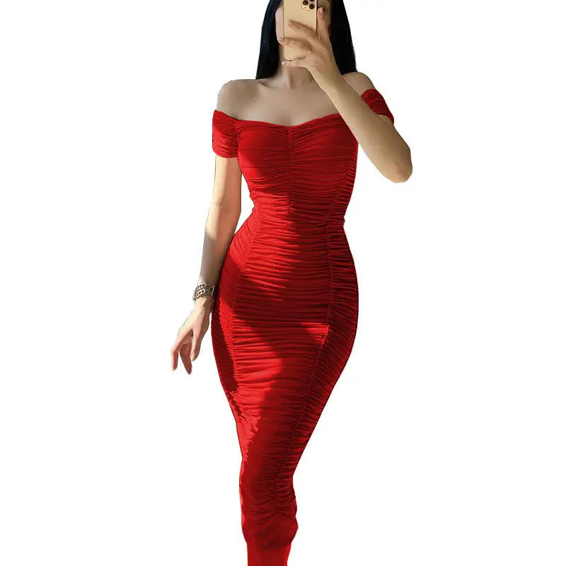 Sunny Chic: Off-Shoulder Pleated Dress - Red / S