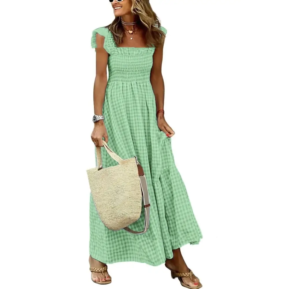 Sunny Plaid Ruffle A-Line Dress - Beach Chic - Green / 2XL