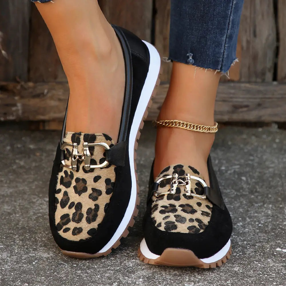 Sunny Stride: Women’s Metal Buckle Flats - Black / 36