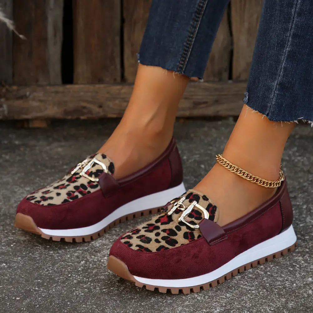 Sunny Stride: Women’s Metal Buckle Flats - Wine Red / 36