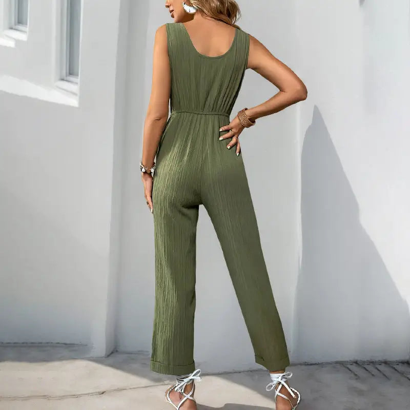 SunnyVibe V-Neck Belted Jumpsuit