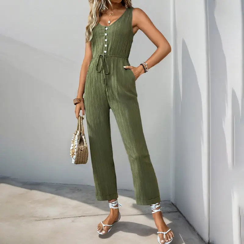 SunnyVibe V-Neck Belted Jumpsuit - S / Army Green