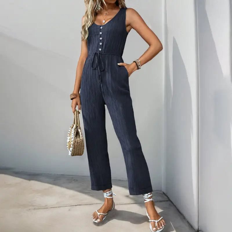SunnyVibe V-Neck Belted Jumpsuit - S / Dark Blue