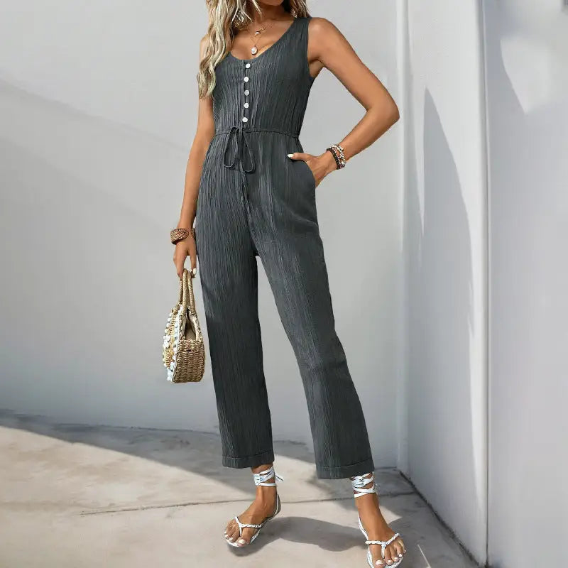 SunnyVibe V-Neck Belted Jumpsuit - S / Dark Gray