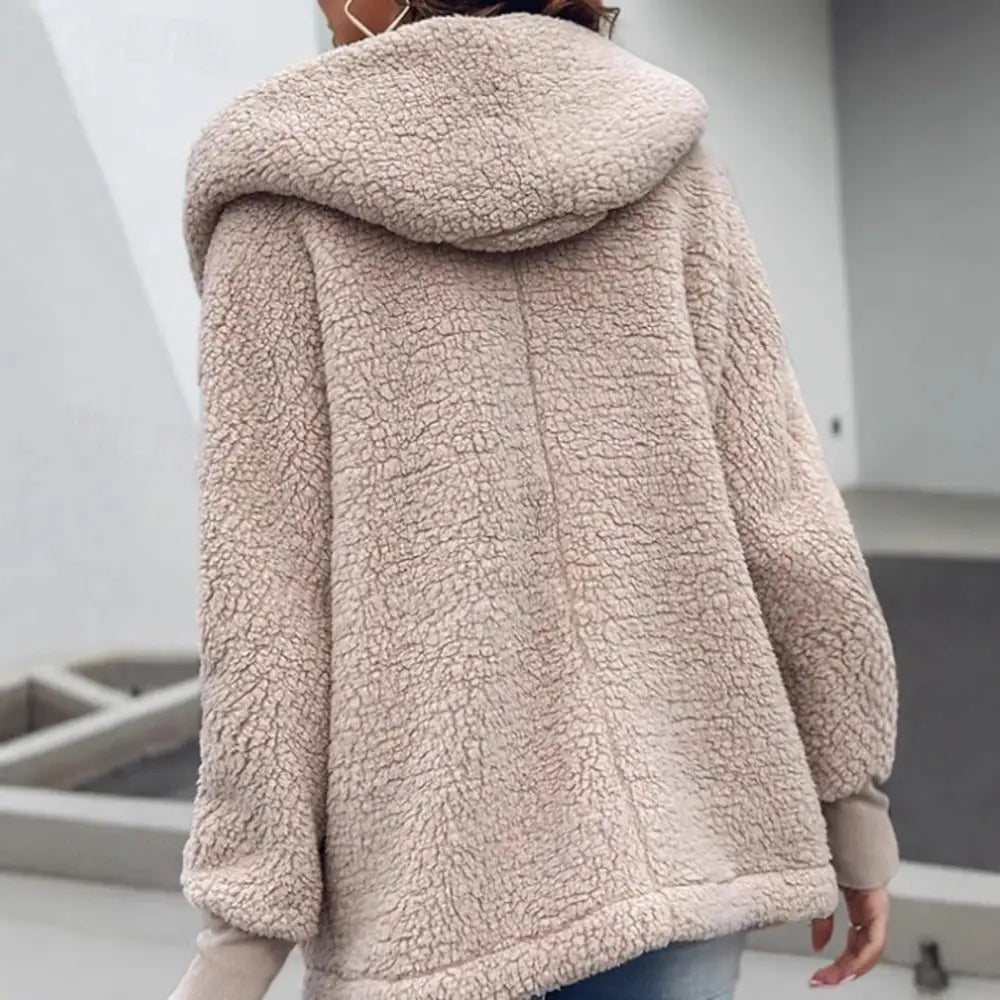 Beige hooded sherpa jacket.