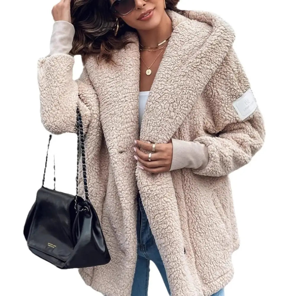 Beige hooded teddy coat.