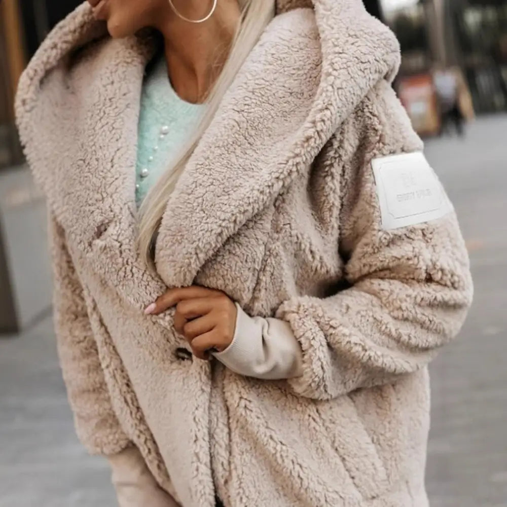 Beige hooded teddy coat.