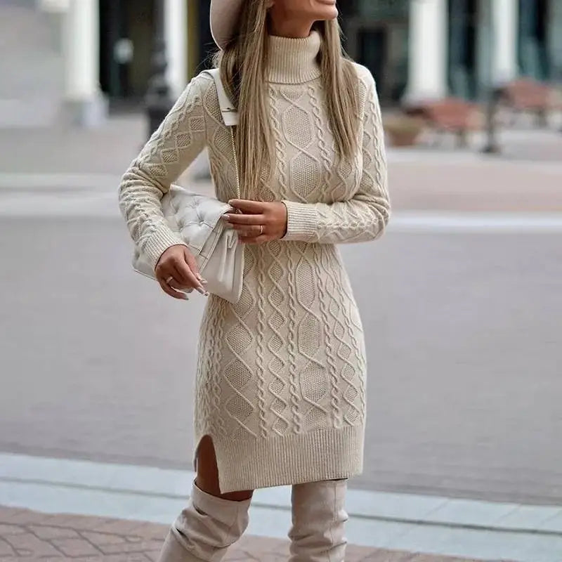 SvelteKnits: Winter Slit Turtleneck Dress - Beige / S
