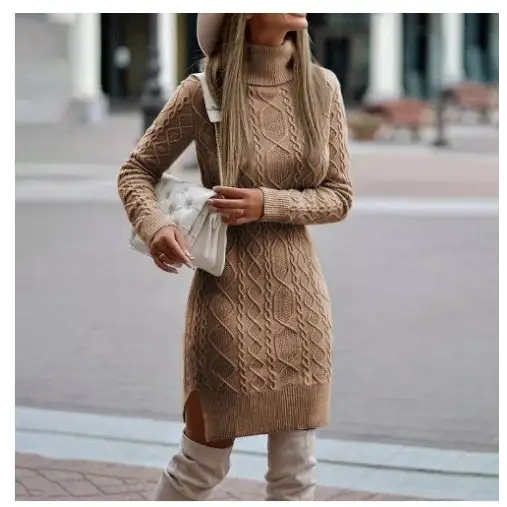 SvelteKnits: Winter Slit Turtleneck Dress - Camel / 2XL