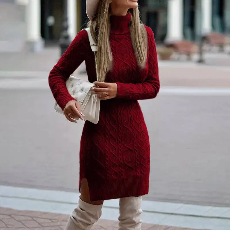 SvelteKnits: Winter Slit Turtleneck Dress - Wine Red / S