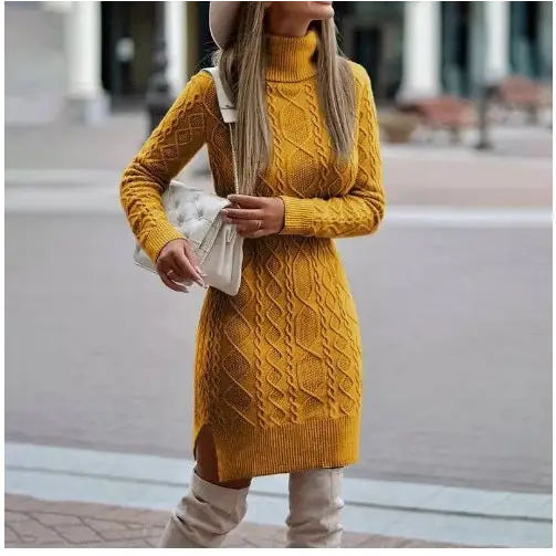 SvelteKnits: Winter Slit Turtleneck Dress - Yellow / 2XL