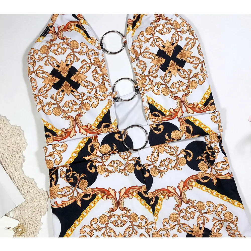 Swimsuit with printed cutout straps