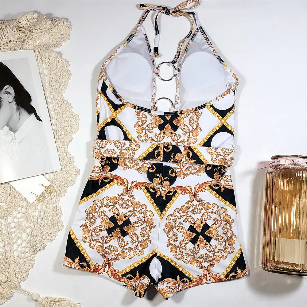Swimsuit with printed cutout straps