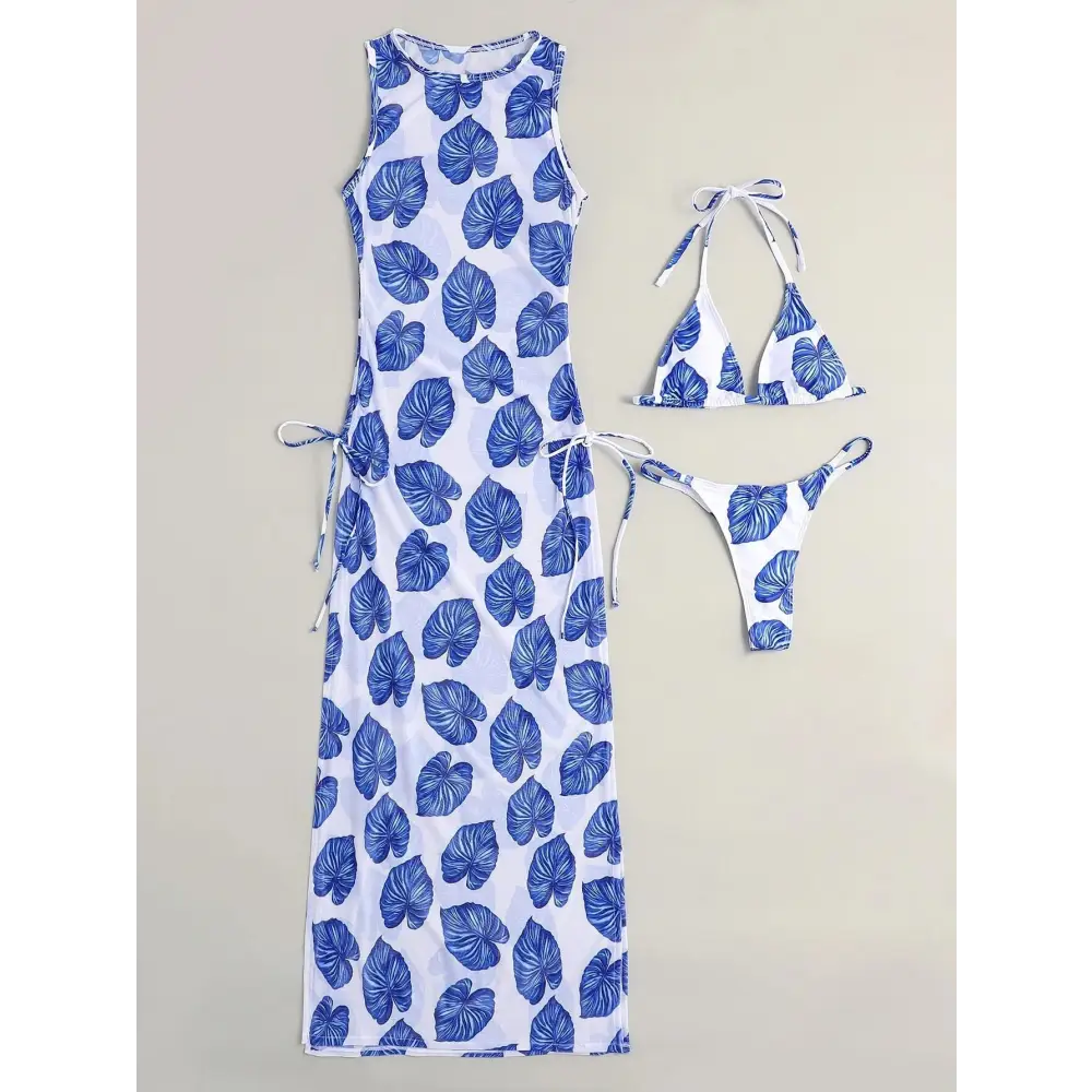 Swimsuit Women’s Split Three-point Backless Print Mesh Three-piece Suit - Blue / S