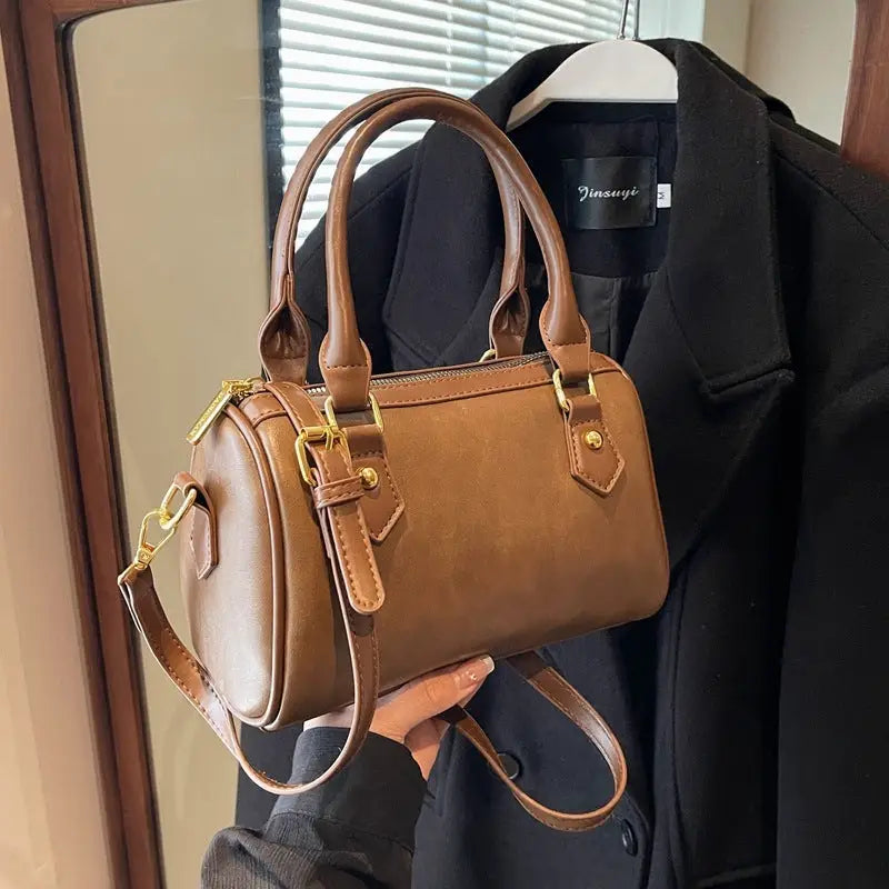 Synthetic Leather Square Handbag with Multiple Pockets - Brown
