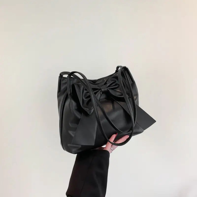 Synthetic Leather Three-Dimensional Pocket Bow Square Bag - Black