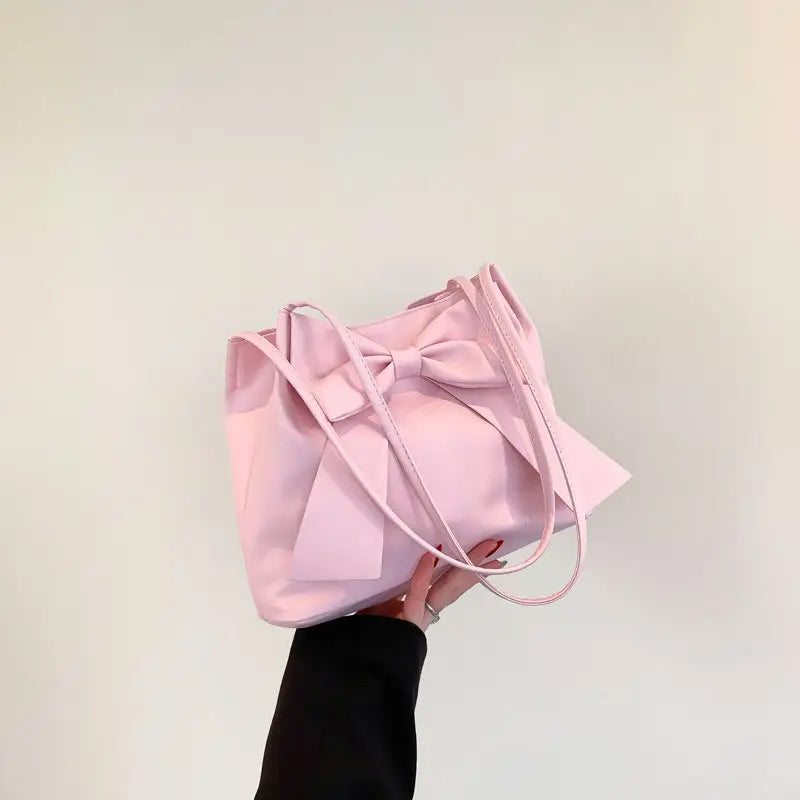 Synthetic Leather Three-Dimensional Pocket Bow Square Bag - Pink