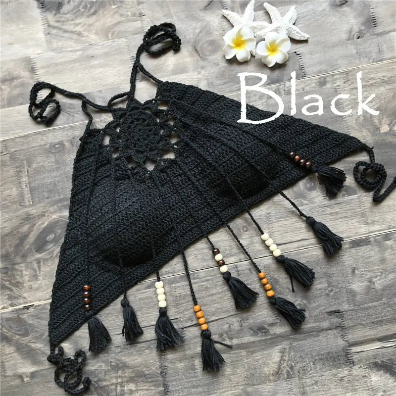 Tassel bohemian swimsuit - black / S