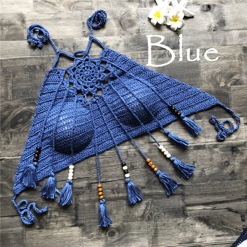 Tassel bohemian swimsuit - blue / L