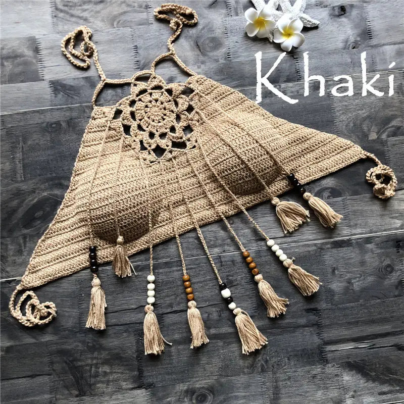 Tassel bohemian swimsuit - Khaki / S