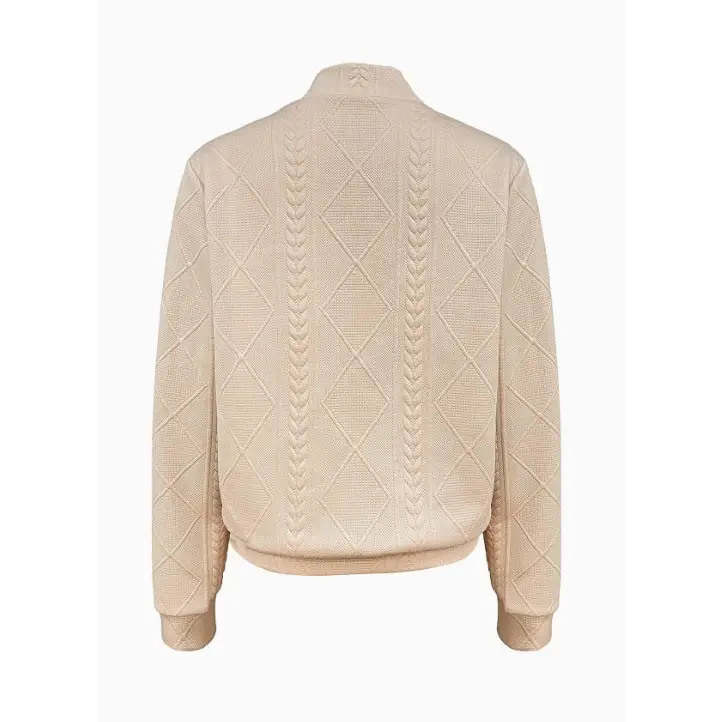 Beige diamond-patterned bomber jacket.