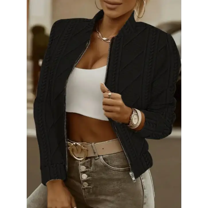 Black cable-knit bomber jacket.
