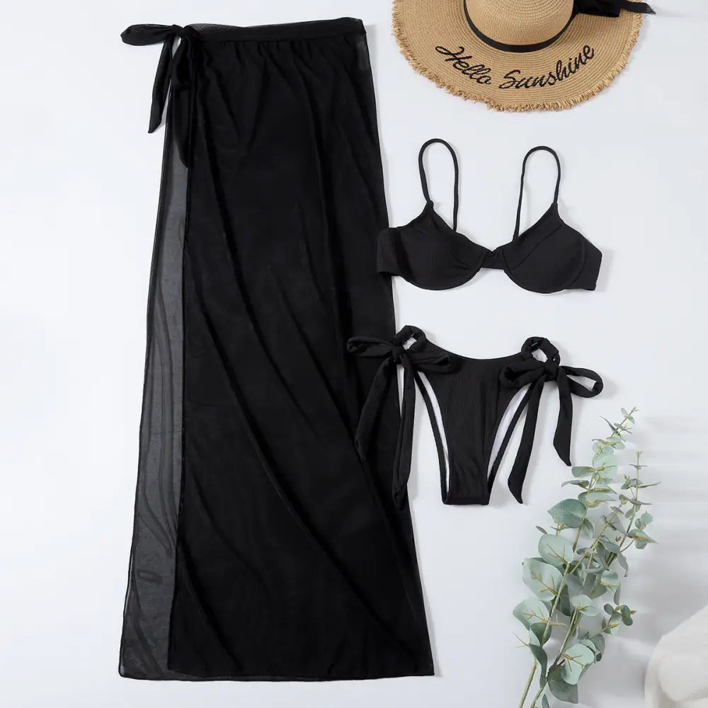 Three Piece Mesh Skirt Bikini - Black / S