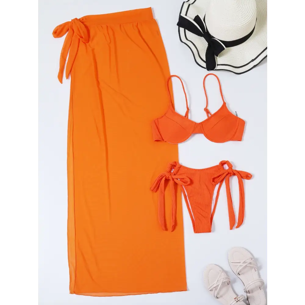 Three Piece Mesh Skirt Bikini - Orange / S