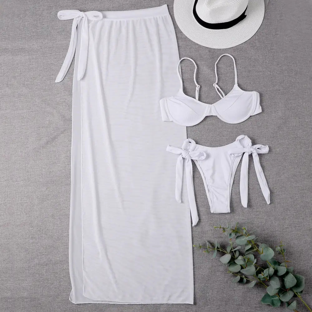 Three Piece Mesh Skirt Bikini - White / S