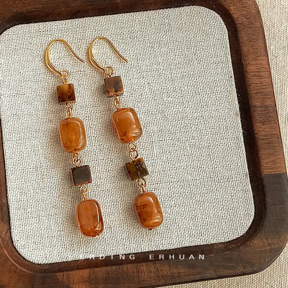 Tigereye Luxe Handmade Long Tassel Earrings - Tigereye