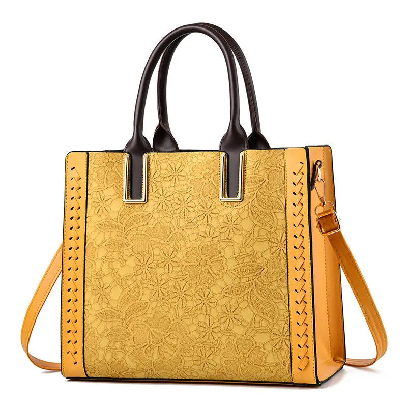 Top Handle Satchel Handbag with Adjustable Shoulder Strap - Bright Yellow