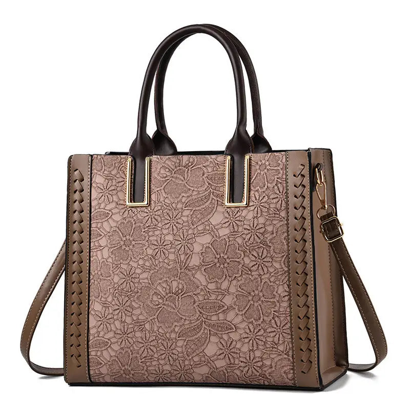 Top Handle Satchel Handbag with Adjustable Shoulder Strap - Khaki