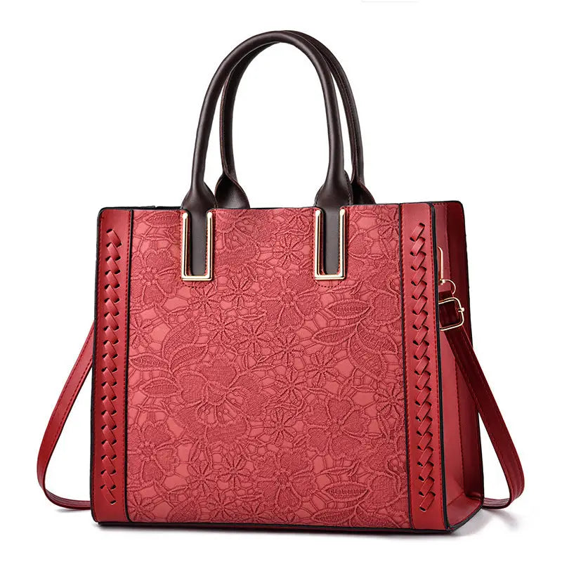 Top Handle Satchel Handbag with Adjustable Shoulder Strap - Red