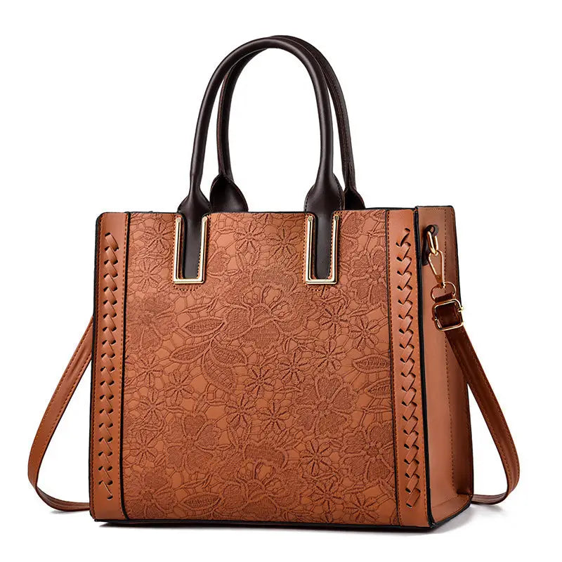 Top Handle Satchel Handbag with Adjustable Shoulder Strap - Yellowish Brown