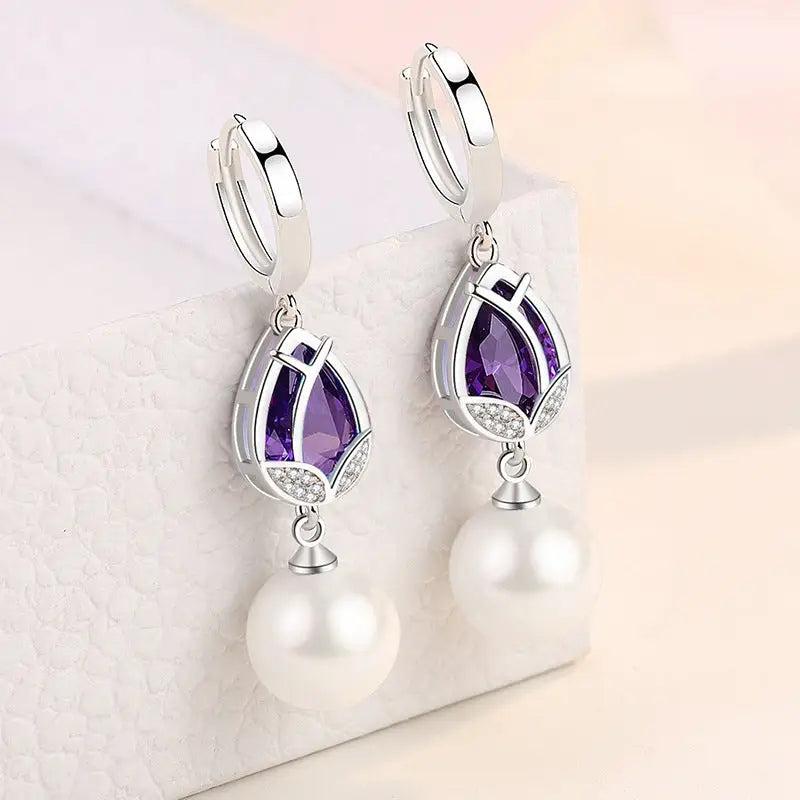 Tulip Pearl Drop Earrings - Purple Diamond