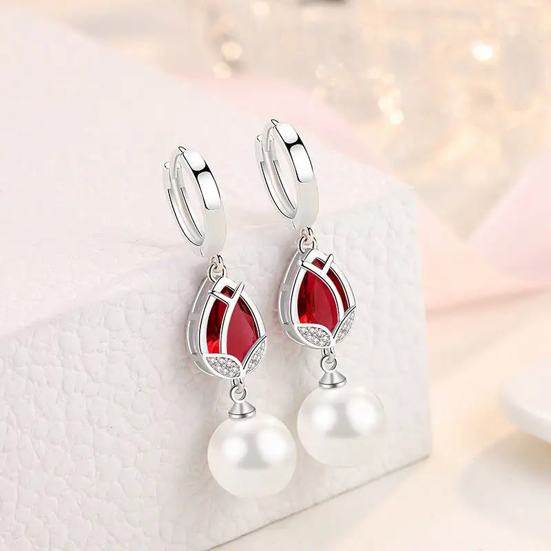 Tulip Pearl Drop Earrings - Red Diamond