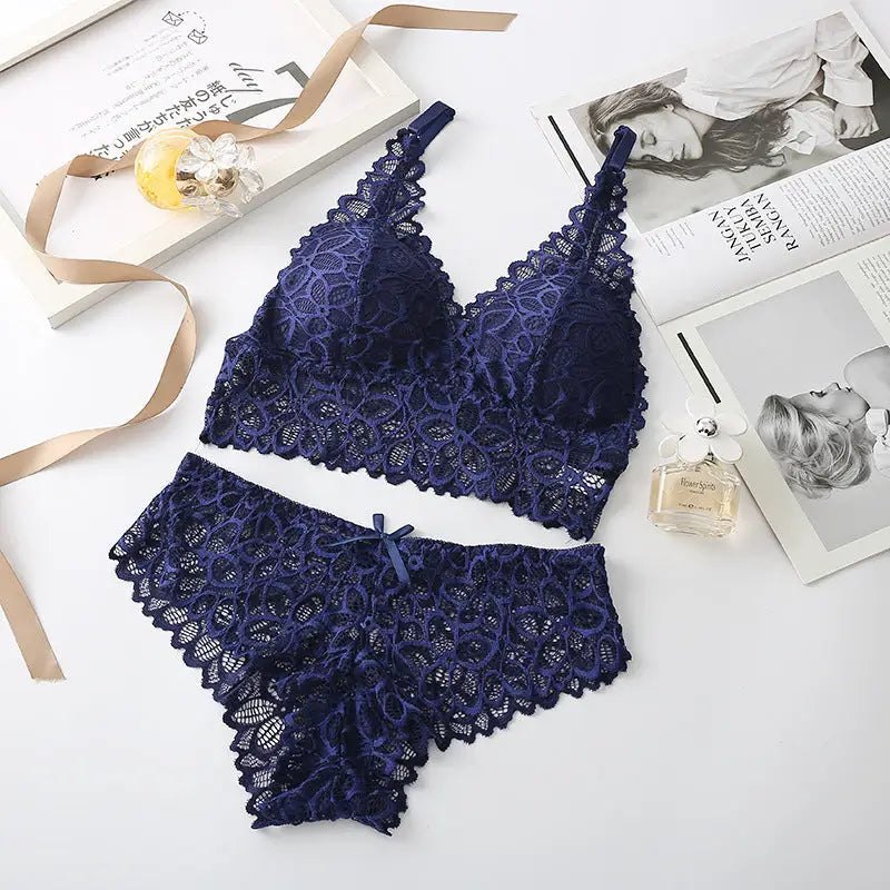 Two-piece lace underwear set - Blue / One size