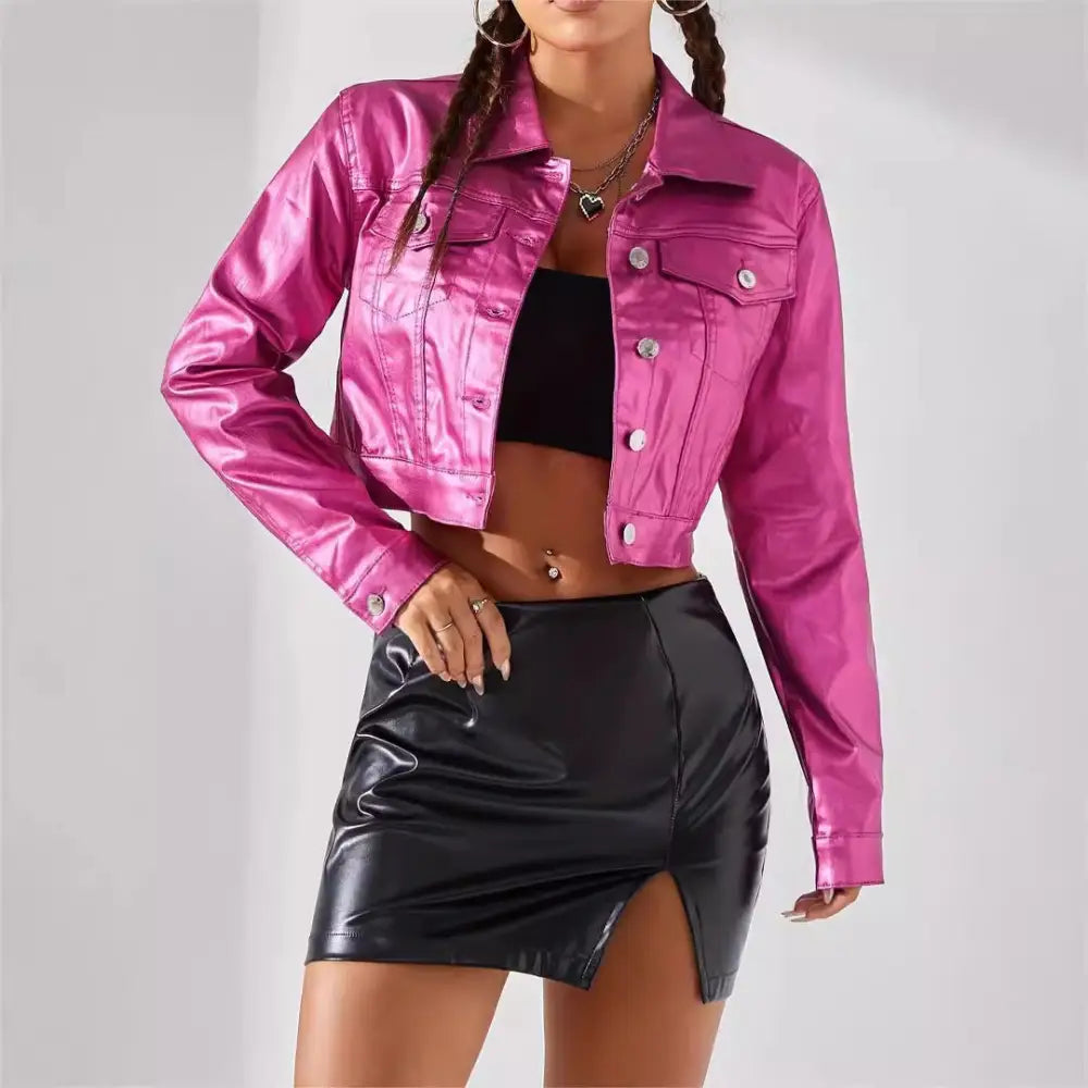 UrbanChic: Women’s Street Style Coated Jacket - Bright Pink / S