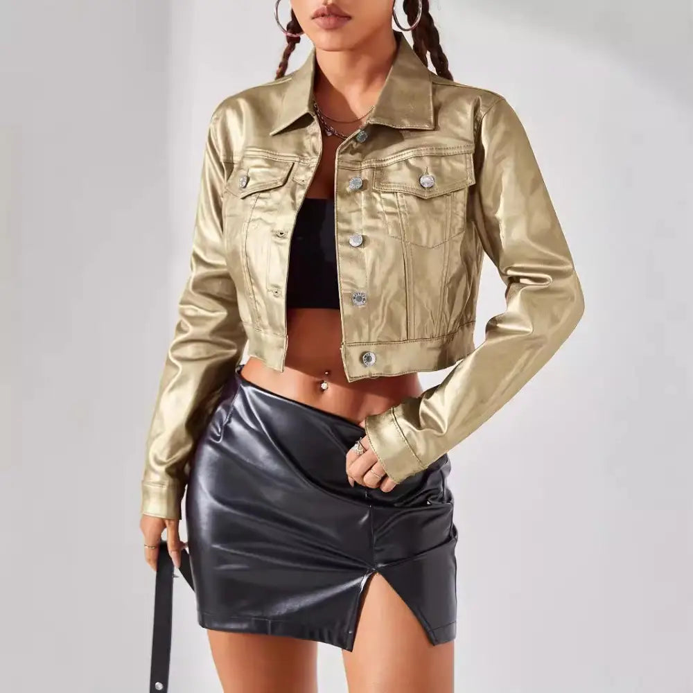 UrbanChic: Women’s Street Style Coated Jacket - Gold / S