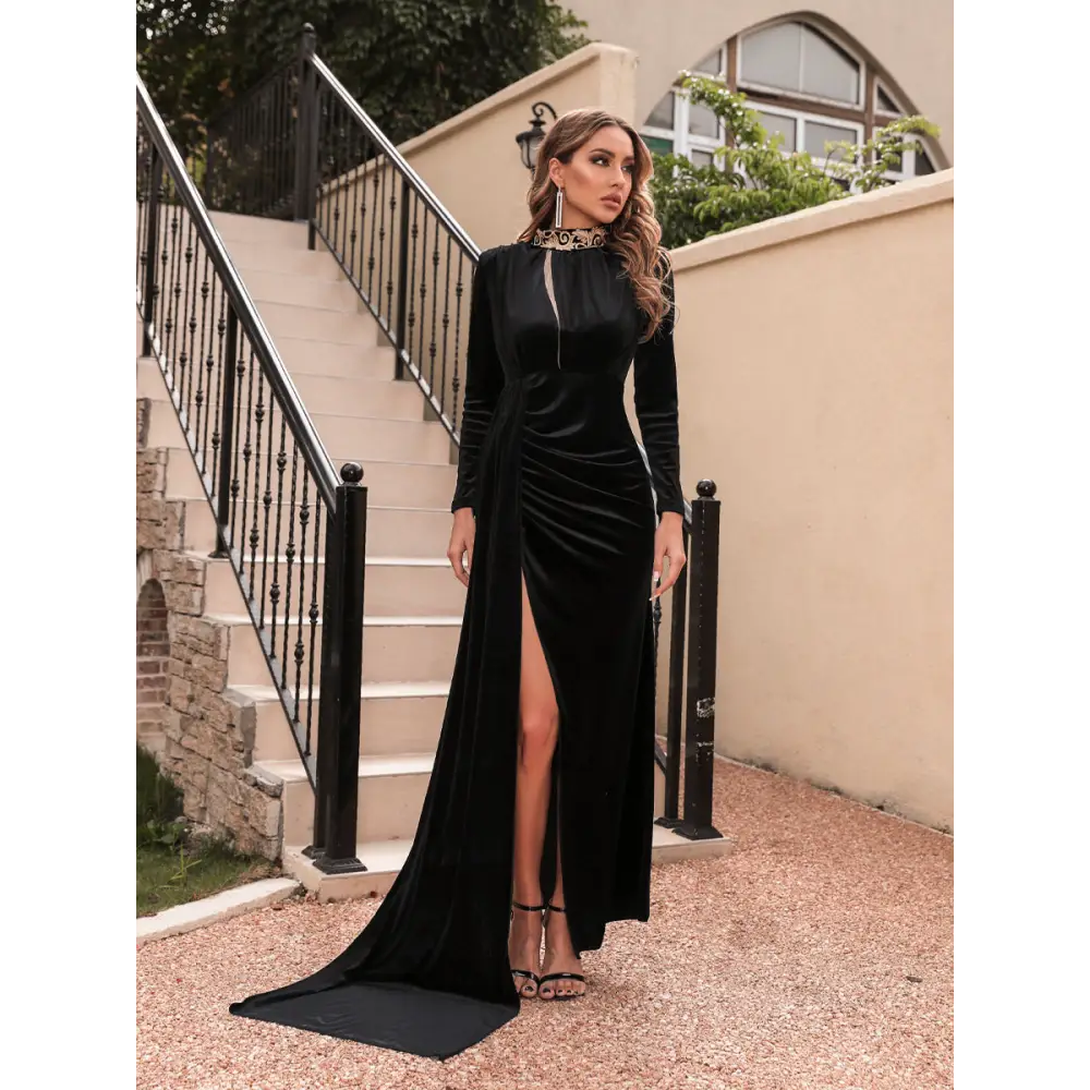 Veluxe: Women’s Velvet High Neck Evening Dress - Black / S